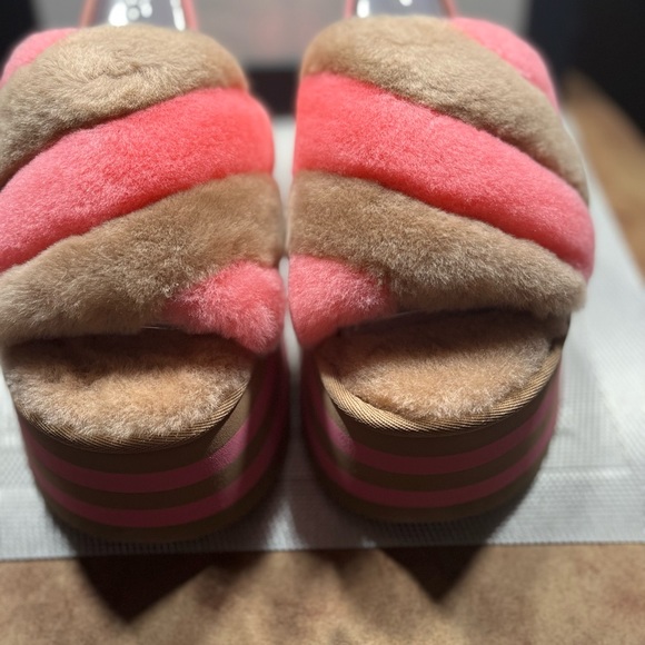 UGG NIB AUTHENTIC DISCO STRIPE CHESTNUT/PINK ROSE COMBO SLIDE SLIPPERS. - Picture 3 of 16